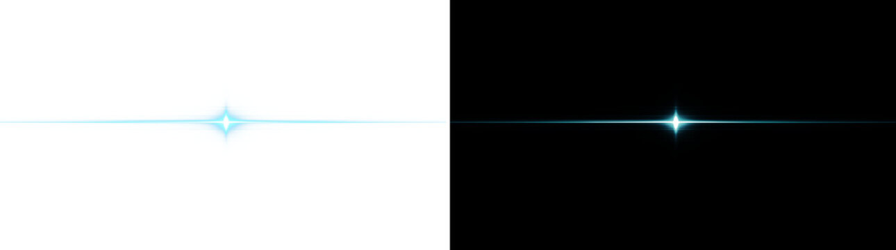 Abstract glowing light blue line with central starburst, neon laser beam divider, futuristic design element isolated on transparent background