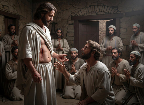 Gospel Bible NT Images &ndash; The resurrected Jesus convinces Doubting Thomas by showing him his wounds