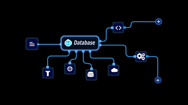 AI automation workflow diagram with agents and process flow on blue technology background, looped animation.4k video.