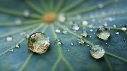 Close-up of a vibrant green leaf covered in glistening water droplets, a captivating macro shot emphasizing natural textures and the beauty of simple elements.