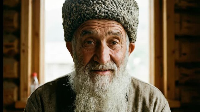 Close up portrait of an old Chechen man in traditional clothing smiling gently