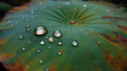 Captivating closeup of a lush green lotus leaf, adorned with glistening water droplets, showcasing intricate vein patterns and a soft, diffused light.