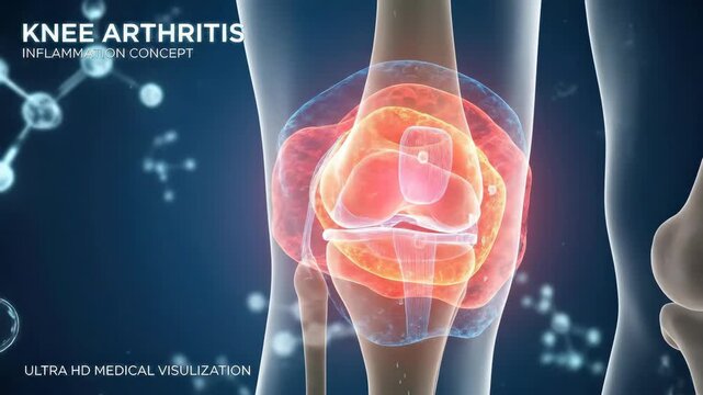 Visualizing knee arthritis pain and inflammation with glowing red highlights on the joint Molecular structures suggest a scientific or medical context for understanding joint health