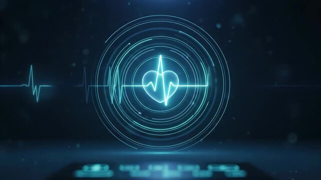 This futuristic graphic displays a pulsing heart rhythm within concentric blue circles Digital waveforms suggest advanced medical technology and scientific innovation for health