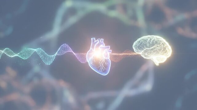 This abstract visualization depicts the interconnectedness of the human heart and brain through glowing lines and a DNA helix suggesting a biological and scientific connection