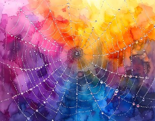 Watercolor spiderweb with dewdrops against a vibrant rainbow gradient background, swirling with purple, orange, yellow, blue