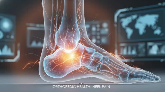 Futuristic medical visualization of a human ankle showing bones and glowing inflammation highlights Advanced diagnostic screens surround the limb