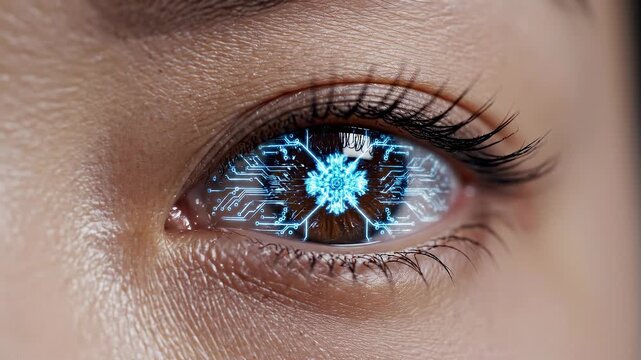 Futuristic eye with digital circuitry animation. Close-up reveals intricate technology within iris. Innovative concept showcases fusion of biology and technology. Captivating visual highlights future