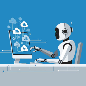 Robot working on computer with cloud computing icons and data streams
