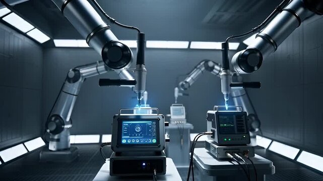 Robotic arms in a futuristic laboratory environment with modern technology