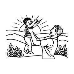 Father lifting child golden sunset