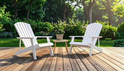 Obraz premium Two white chairs face flowerpot on wood deck, green trees and foliage in background; sunshine filters through leaves