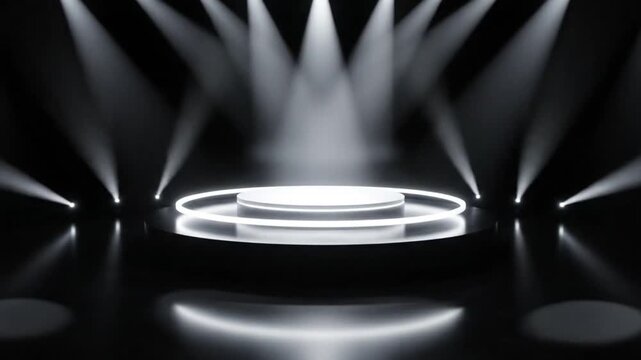 Empty modern stage platform with circular neon lights and dramatic spotlights shining brightly, ready for a prestigious product display, presentation, or award ceremony event.