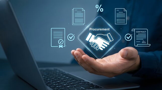 Business professional holding procurement icon with digital supply chain and e-commerce elements on laptop screen