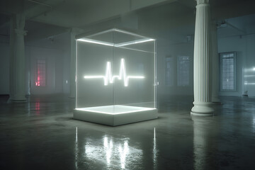 Ethereal digital heartbeat radiating from within a luminous cubic structure, reflected on a smooth floor in a serene, minimalist environment, creating a calming, modern artwork.