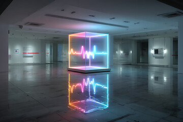 Dynamic digital heartbeat displayed within a colorful, illuminated cubic form, mirrored on a glossy floor in a spacious, modern gallery setting, showcasing a vibrant art piece.