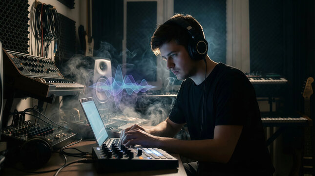 A focused music producer works late in a dimly lit recording studio, wearing headphones and adjusting sounds on a laptop and MIDI keyboard among audio gear and glowing waveforms