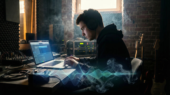 A focused music producer sits at a dimly lit studio workstation, mixing on a laptop with audio interface, keyboard, and studio monitors, surrounded by cables and atmospheric haze