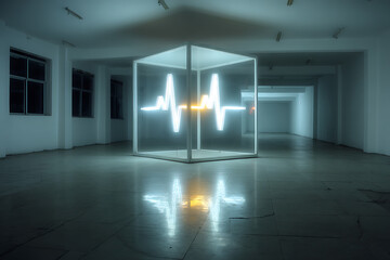 Illuminated heartbeat line art within a geometric cube structure, glowing neon light installation, modern interior, reflective floor, digital art, conceptual design, ambient lighting