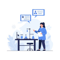 Fototapeta premium Scientist in lab coat pointing at equipment, research and development, healthcare, science