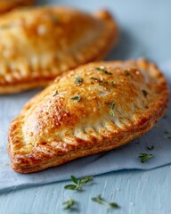 Close up hero shot of freshly baked empanadas with golden crust and herbs on a light blue surface, showcasing their flaky texture and appetizing appearance