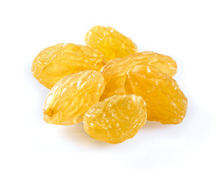 Golden raisins in closeup on white background
