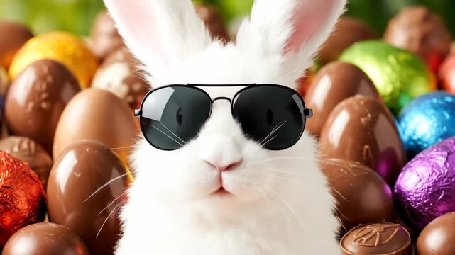 Cool easter bunny wearing sunglasses surrounded by chocolate eggs. Humorous holiday concept for a spring celebration and seasonal marketing banner for social media or a website header