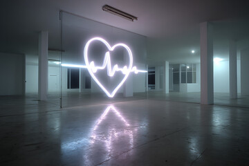 Glowing Heartbeat Neon Sign in Spacious Interior with Mirrored Walls and Reflective Floor, Conceptual Digital Art Illustration