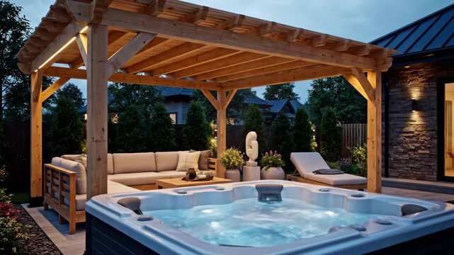Elegant backyard oasis featuring a modern hot tub spa and a custom wooden pergola. Illuminated outdoor living space with cozy patio furniture and ambient led lighting