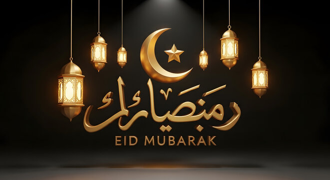 Luxury eid mubarak greeting with golden 3d arabic calligraphy and hanging lanterns