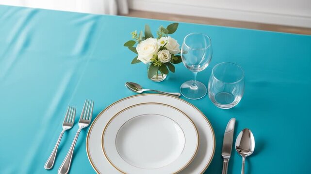 A formal table setting with teal tablecloth, white plate, silverware, and floral centerpiece