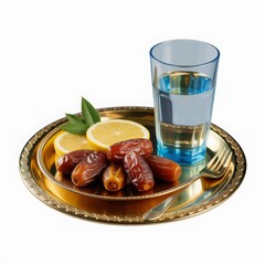 Ramadan Iftar Meal: Glass of Water and Dates on Ornate Plate Isolated on Dark Background
