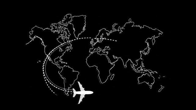Airplane flying over world map illustration against black background