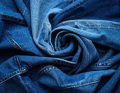 Swirl of blue denim fabric creates a dynamic texture with varying shades and intricate stitching