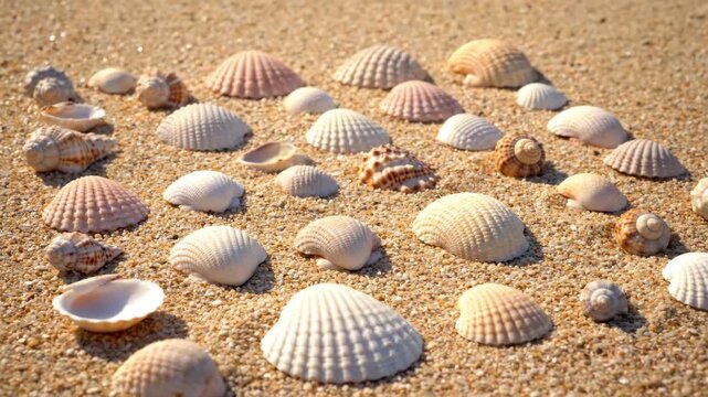 A beautiful collection of various seashells scattered on golden beach sand under sunlight. Panoramic banner for summer holiday concepts, coastal decoration, and travel themes