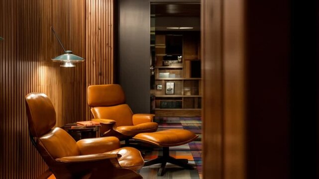 Modern reading room with leather chairs and bookshelves indoor daytime setting