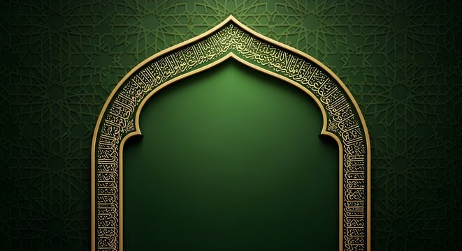 Islamic archway frame with gold ornate detail on dark green textured background