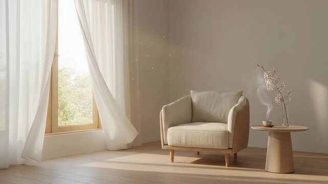 Soft sheer curtains billow gently revealing a sunlit room A cozy armchair and small table offer a tranquil space for contemplation and rest