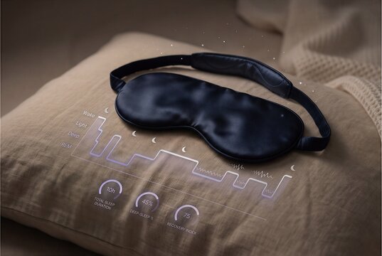 Silk sleep mask on linen pillow with futuristic lavender sleep cycle hypnogram overlay and silver quality gauges, tranquil composite for sleep tech visuals.