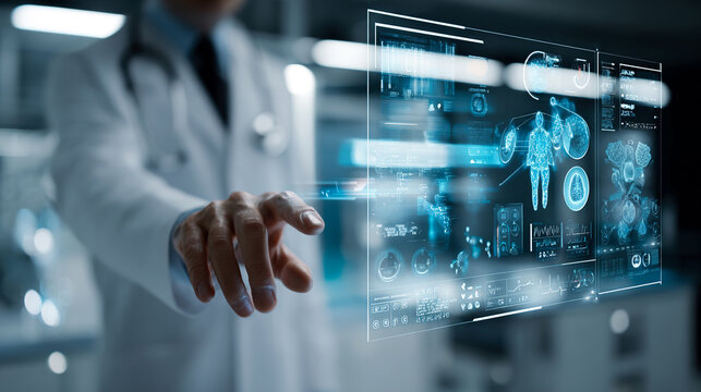 Modern doctor interacting with holographic medical interface in clinical environment. Digital healthcare innovation concept for AI diagnostics, hospital technology marketing and future medicine 