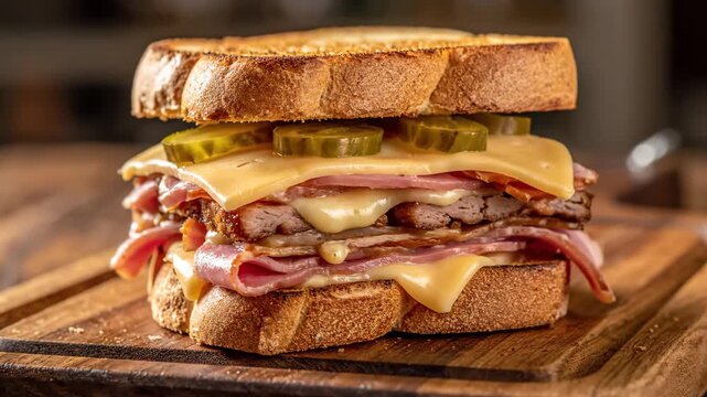 Hearty toasted club sandwich with layers of ham, roast meat, and melted cheese. A delicious and satisfying meal served on a wooden cutting board for a deli or pub menu