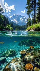 Split level Clear river flows into snowy mountains. Trees line the banks. Underwater rocks and fish add depth