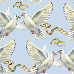 Fototapeta premium Romantic watercolor seamless pattern on a light blue background featuring white doves, golden wedding rings, and silk ribbons. A graceful hand-painted design symbolizing peace and union for bridal