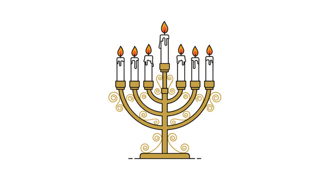 A traditional gold menorah with eight lit white candles and one central shamash candle on a decorative base against a white background.