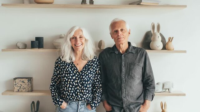 Senior couple standing at home. Ceramic sculptures on wooden shelves. Gray-haired woman and man posing. Minimalist Scandinavian interior with handmade art. Creative artisan studio portrait together.