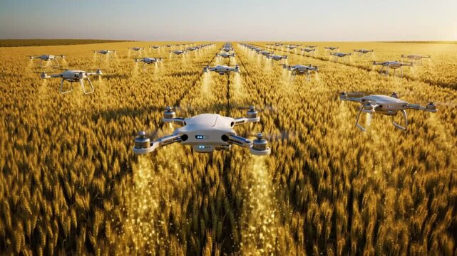 Aerial view of solar panels installed in vast agricultural field during sunrise