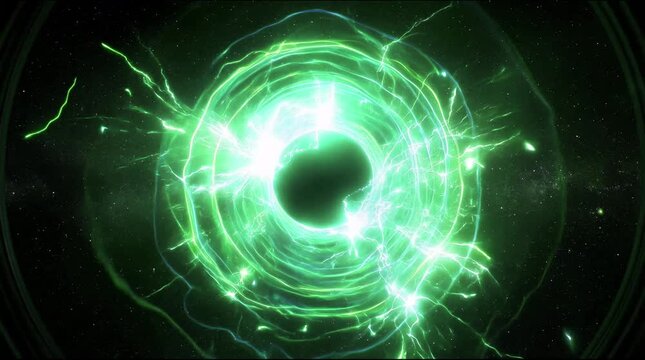 Cinematic 4k  green color circular shockwave energy blast with glowing particles and explosive motion on black background