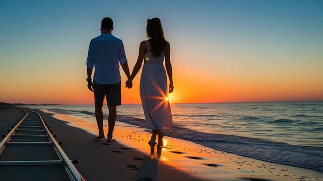A romantic couple walks hand in hand along a beachside promenade during a serene sunset video.