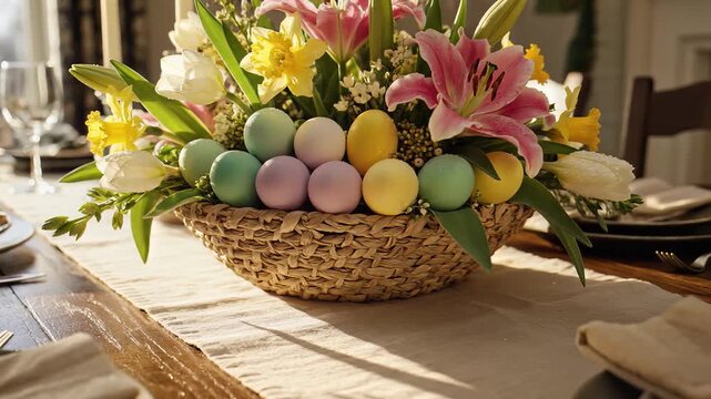 Easter Sunday, Easter flowers and eggs in a wicker basket on a dinner table with Veo3 video upscale effects