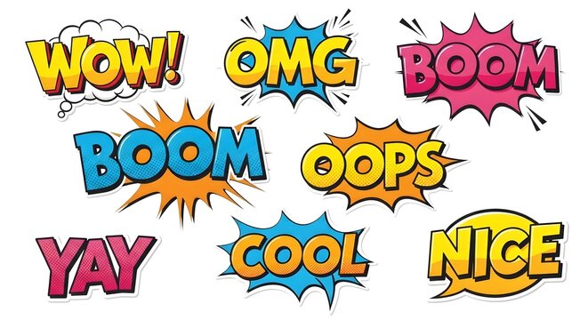 A vibrant assortment of comic-style explosive text bubbles conveying diverse emotions and reactions for graphic design